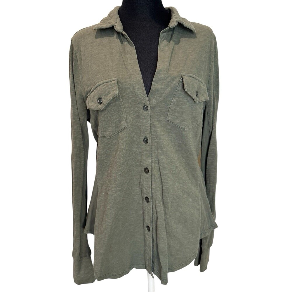 Calvin Klein CK Women’s Green Side Panel Shirt Cotton Button Up V-Neck Size L